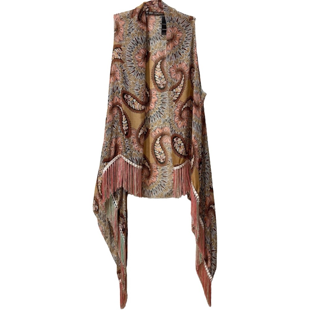 NWT Wilsons Leather‎ Silky Scarf Fringe Duster Pink Paisley OS Boho